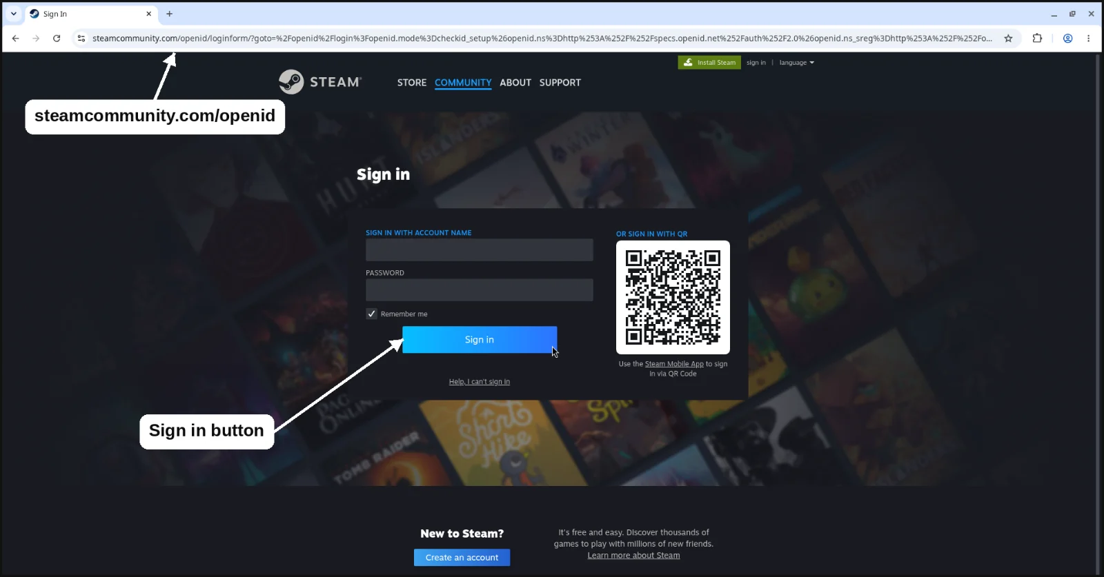 Steam's real sign-in page reached from a site's button, address bar showing steamcommunity.com/openid/loginform
