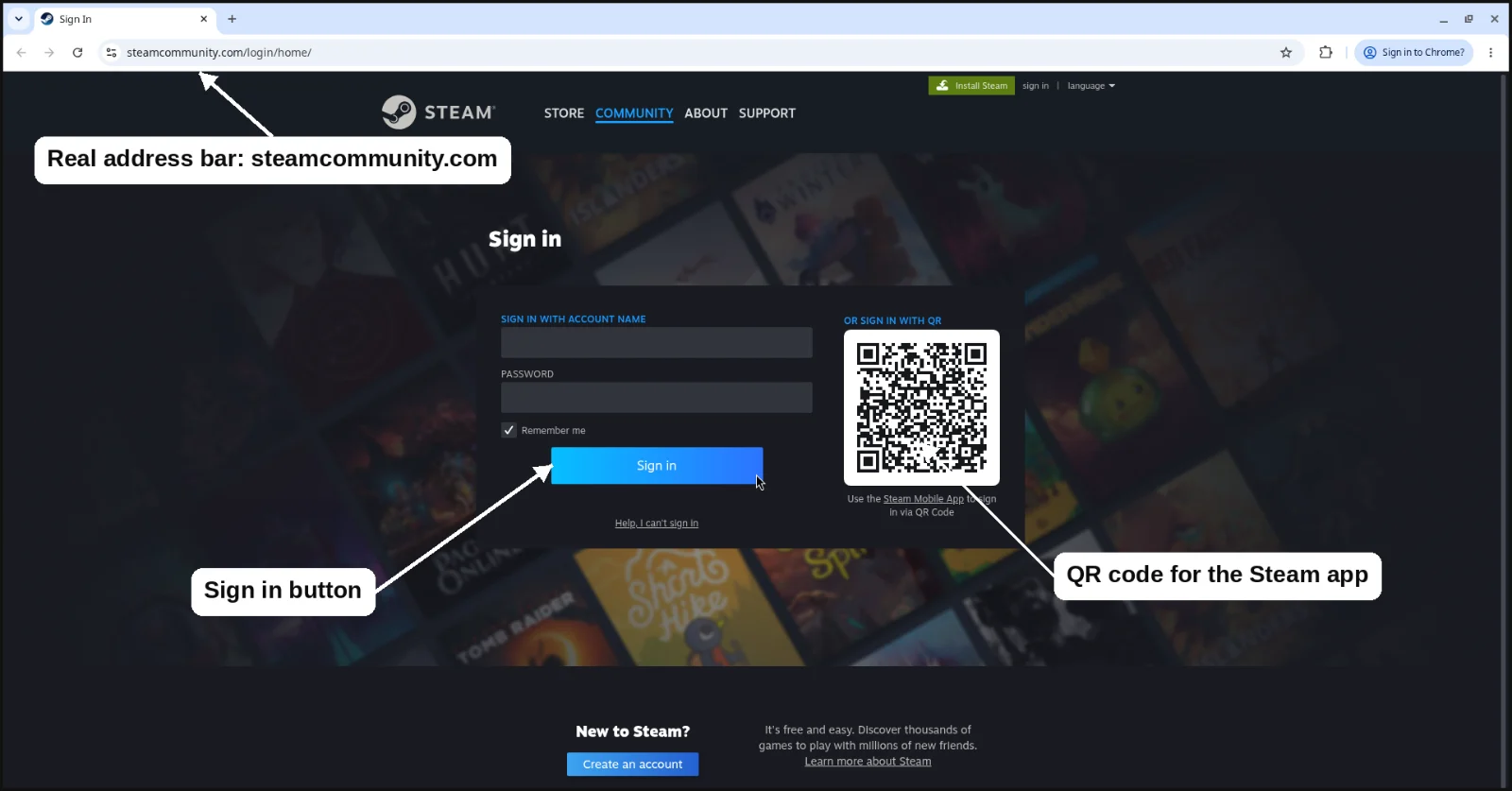 Real Steam sign-in page at steamcommunity.com/login with the Sign in button and the QR code for the Steam mobile app