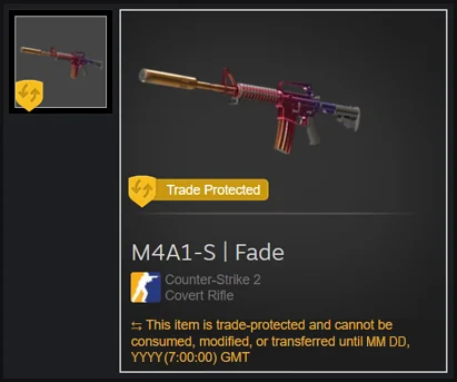 Valve's example of a Trade Protected CS2 item, an M4A1-S Fade with the yellow Trade Protected shield and lock notice