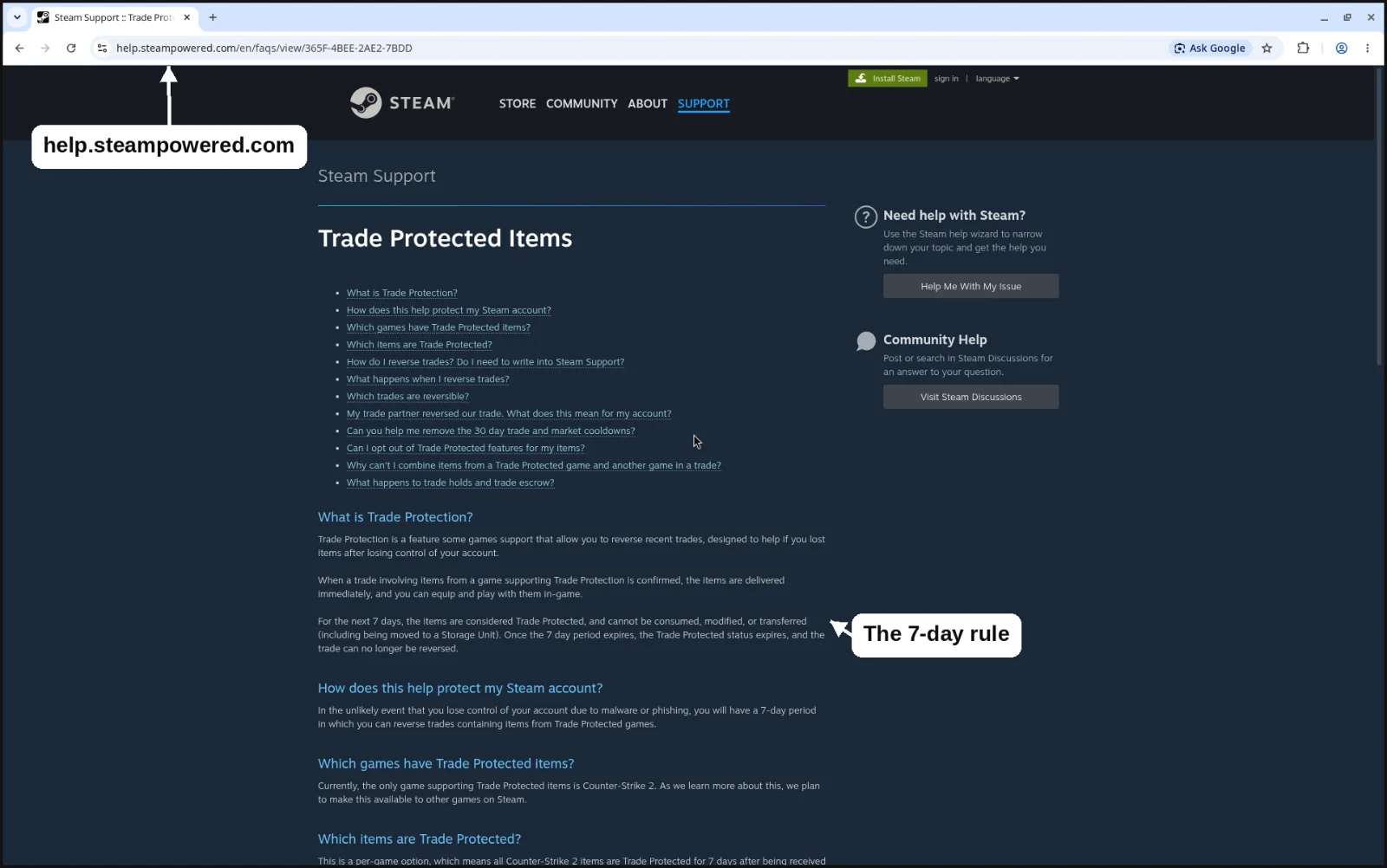 Valve's Trade Protected Items FAQ on help.steampowered.com, with the paragraph on the 7-day protection period marked