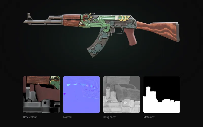 A skin's 3D model next to its baked colour, normal and roughness maps