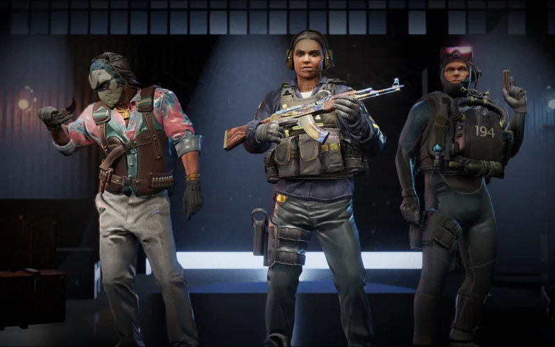Three CS2 agents holding skins in the render studio's Squad scene